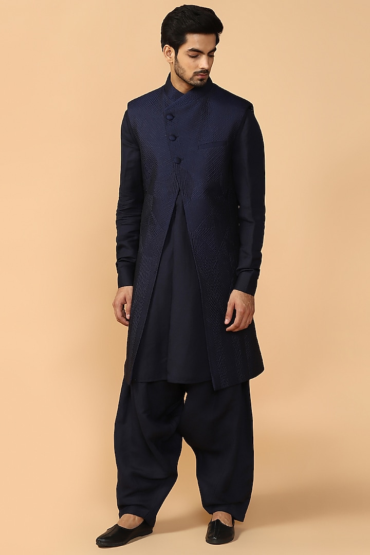 Navy Blue Quilted Sherwani Set With Kerchief by Tarun Tahiliani Men