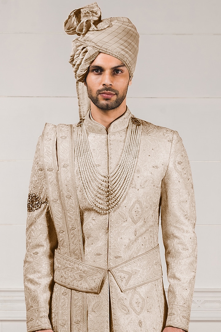 Ivory Embroidered Groom Sherwani Set by Tarun Tahiliani Men at Pernia's Pop Up Shop