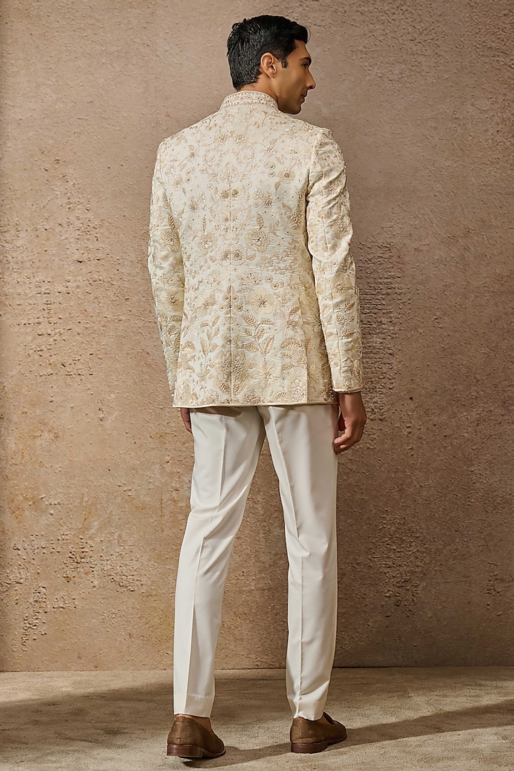 Ivory Silk Dupion Thread Embroidered Groom Bandhgala Set by Tarun Tahiliani Men at Pernia's Pop Up Shop