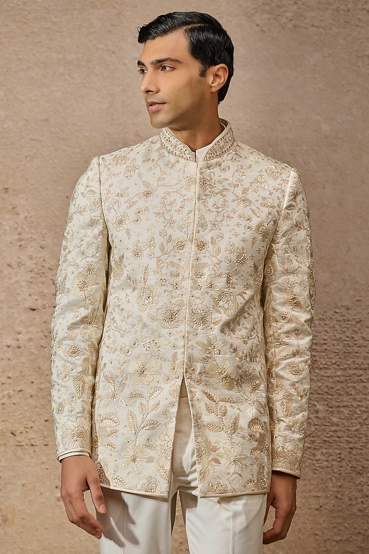 Ivory Silk Dupion Thread Embroidered Groom Bandhgala Set by Tarun Tahiliani Men at Pernia's Pop Up Shop