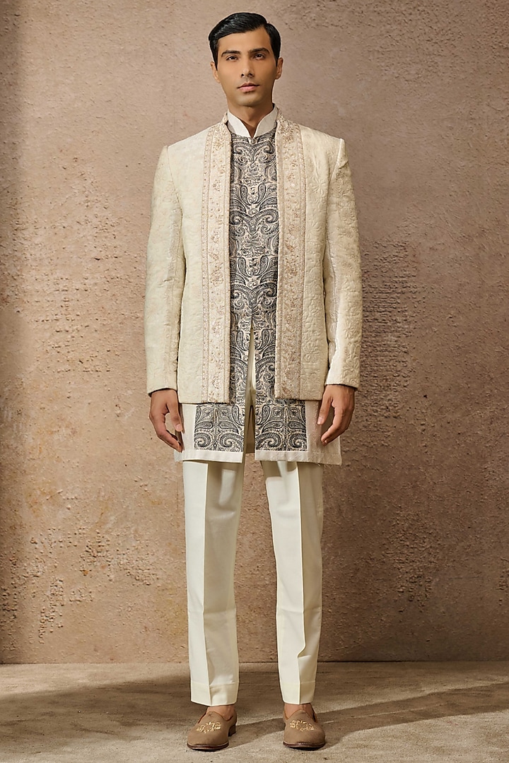 Ivory Silk Dupion Front-Open Bandhgala Set by Tarun Tahiliani Men