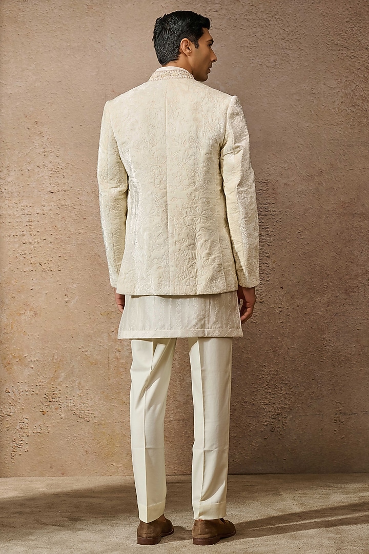 Ivory Silk Dupion Front-Open Groom Bandhgala Set by Tarun Tahiliani Men at Pernia's Pop Up Shop