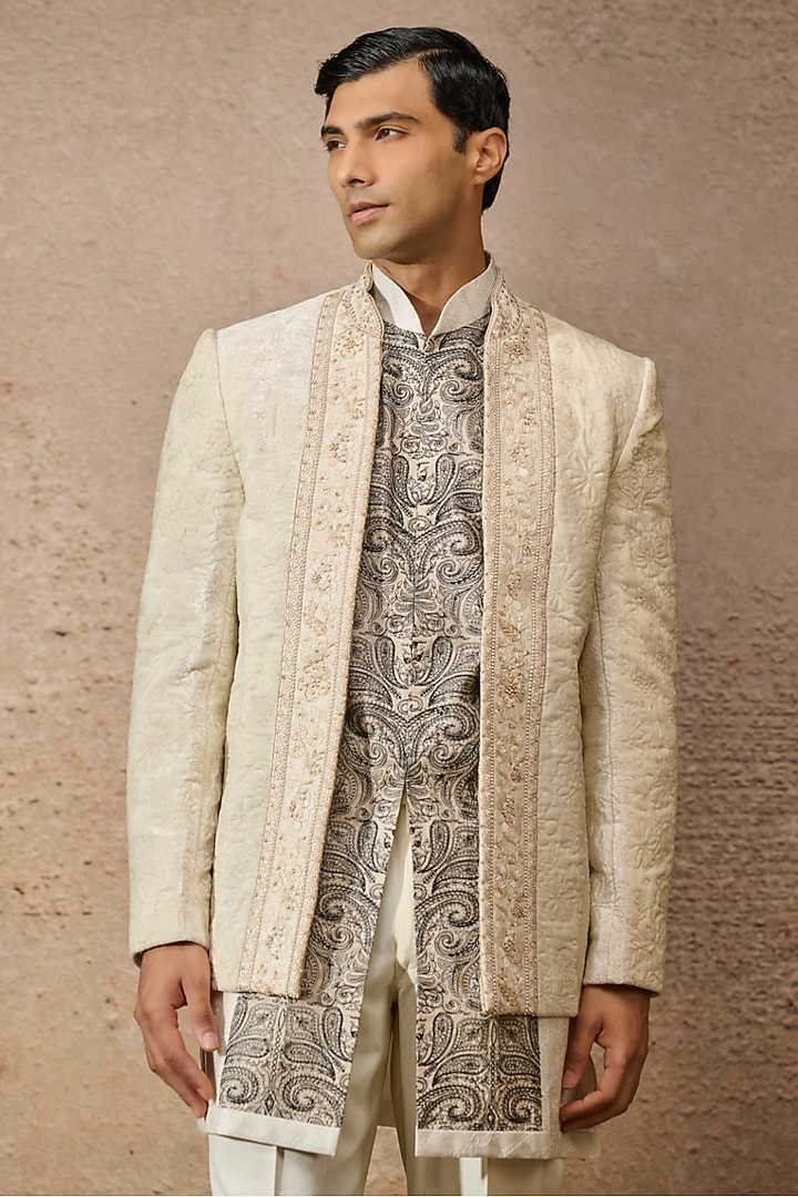 Ivory Silk Dupion Front-Open Groom Bandhgala Set by Tarun Tahiliani Men at Pernia's Pop Up Shop