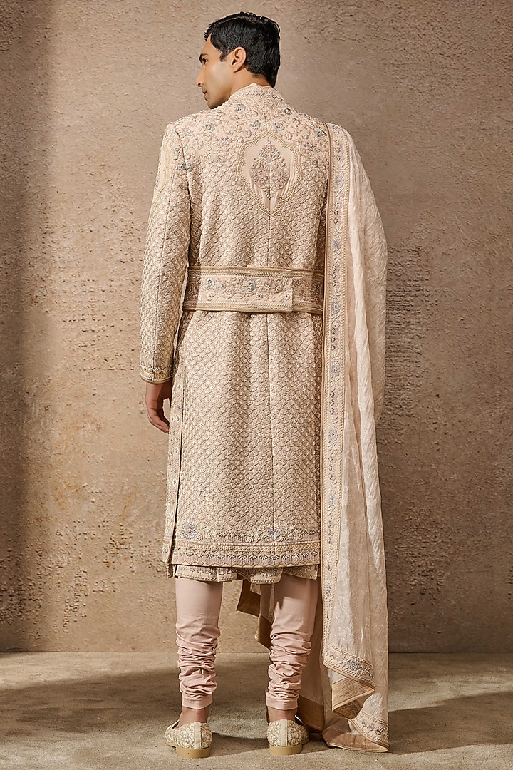 Salmon Double Georgette Sequins Embroidered Groom Sherwani Set by Tarun Tahiliani Men at Pernia's Pop Up Shop