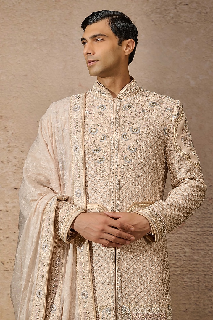 Salmon Double Georgette Sequins Embroidered Groom Sherwani Set by Tarun Tahiliani Men at Pernia's Pop Up Shop