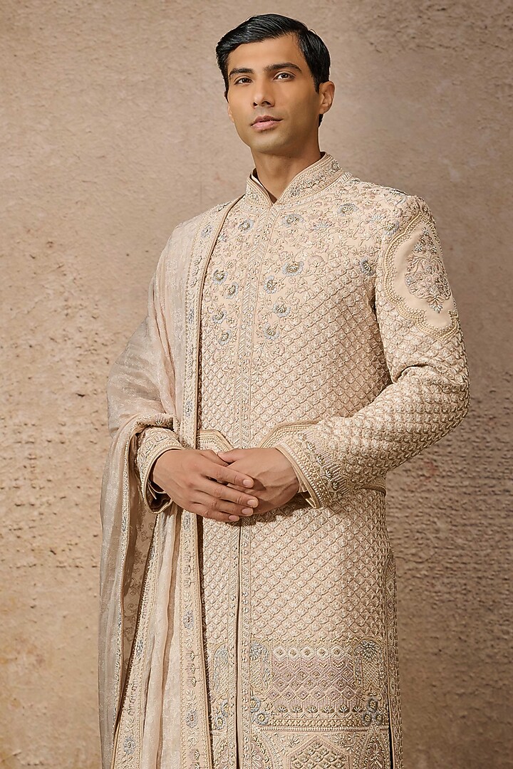 Salmon Double Georgette Sequins Embroidered Groom Sherwani Set by Tarun Tahiliani Men at Pernia's Pop Up Shop