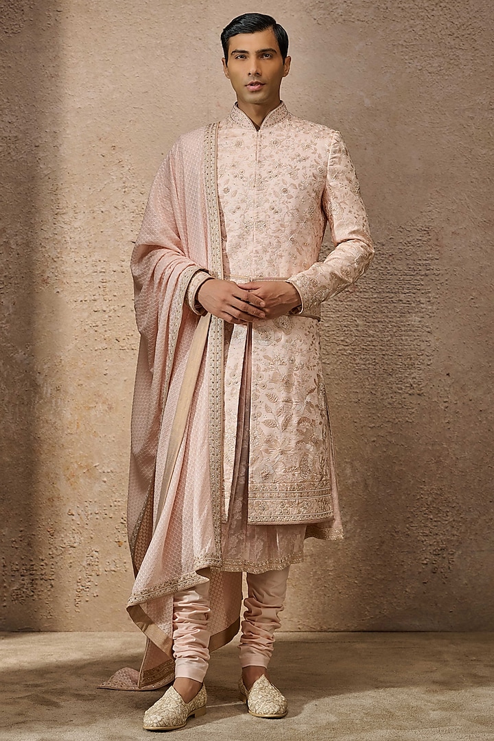 Salmon Double Georgette Thread Embroidered Groom Sherwani Set by Tarun Tahiliani Men at Pernia's Pop Up Shop