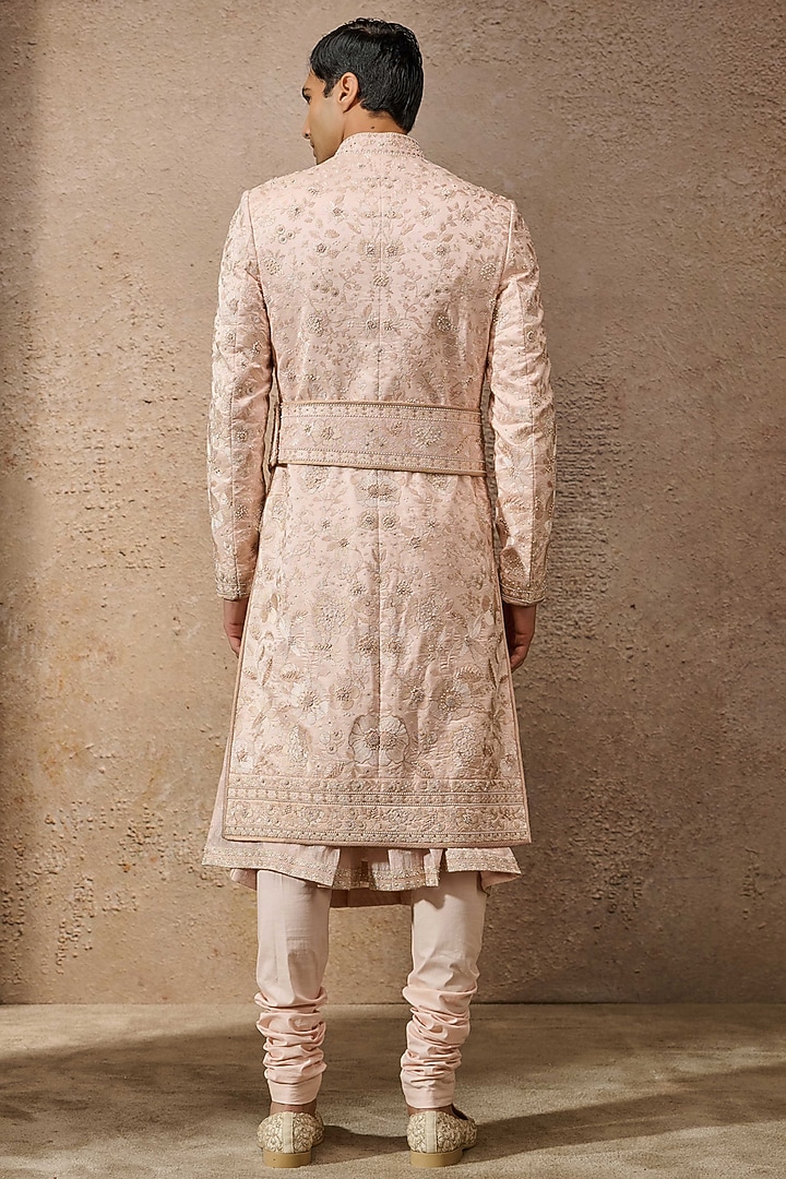 Salmon Double Georgette Thread Embroidered Groom Sherwani Set by Tarun Tahiliani Men at Pernia's Pop Up Shop