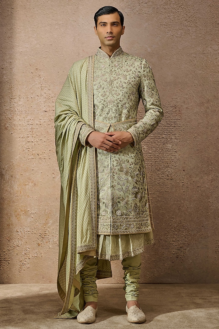 Jade Silk Dupion Thread Embroidered Groom Sherwani Set by Tarun Tahiliani Men at Pernia's Pop Up Shop