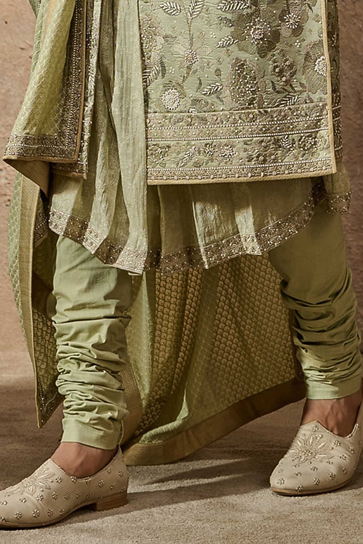 Jade Silk Dupion Thread Embroidered Groom Sherwani Set by Tarun Tahiliani Men at Pernia's Pop Up Shop