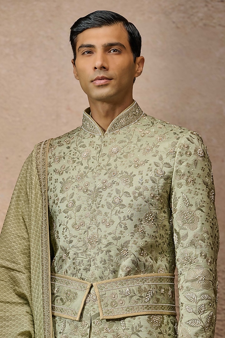 Jade Silk Dupion Thread Embroidered Groom Sherwani Set by Tarun Tahiliani Men at Pernia's Pop Up Shop