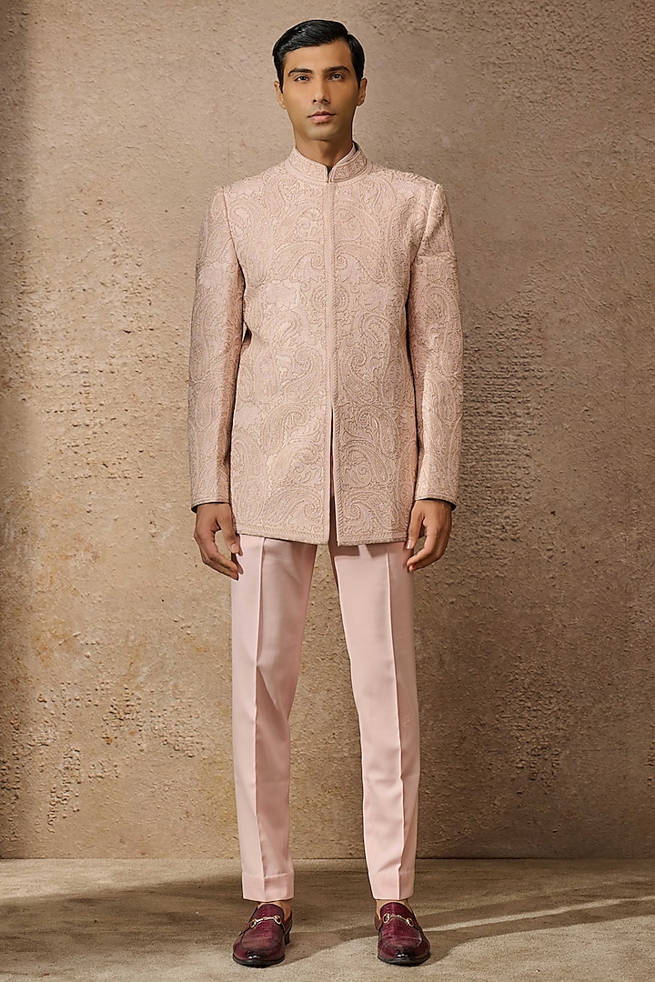 Salmon Silk Dupion Aari Embroidered Bandhgala Set by Tarun Tahiliani Men