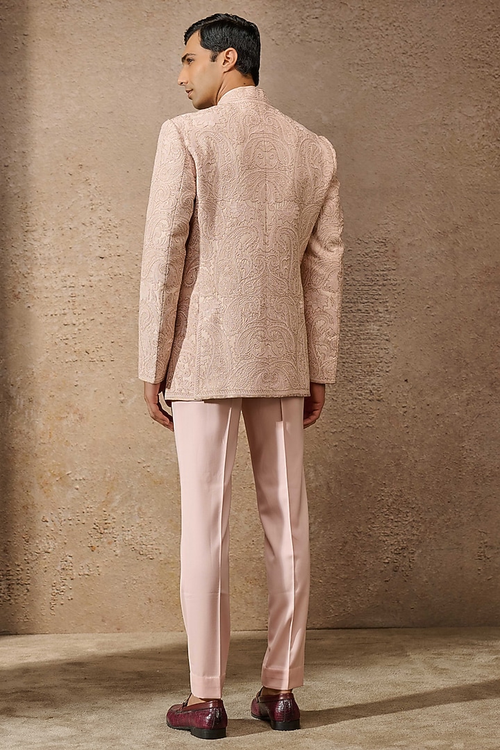 Salmon Silk Dupion Aari Embroidered Groom Bandhgala Set by Tarun Tahiliani Men at Pernia's Pop Up Shop