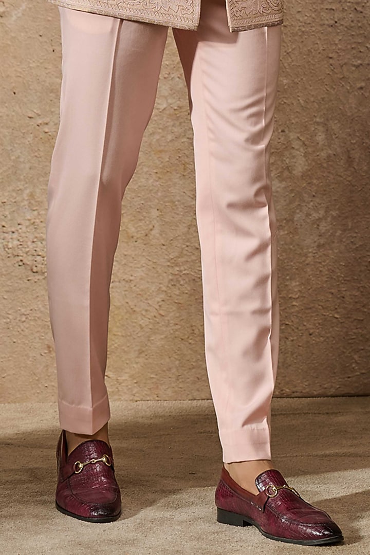Salmon Silk Dupion Aari Embroidered Groom Bandhgala Set by Tarun Tahiliani Men at Pernia's Pop Up Shop