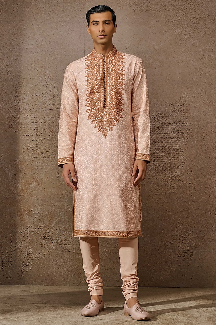 Salmon Textured Fabric Marori Embroidered Kurta Set by Tarun Tahiliani Men