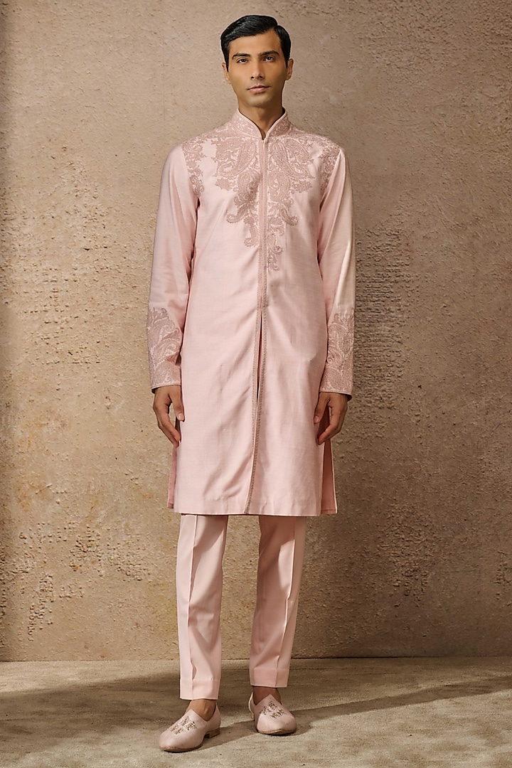 Salmon Tussar Slub & Double Georgette Paisley Embroidered Kurta Set by Tarun Tahiliani Men