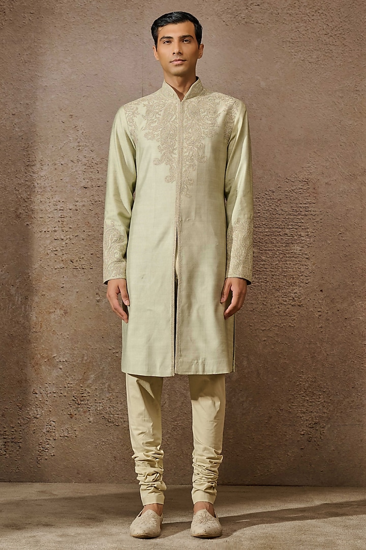 Jade Tussar Slub & Double Georgette Paisley Embroidered Kurta Set by Tarun Tahiliani Men