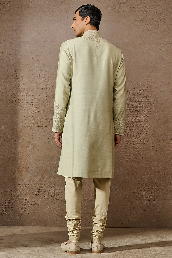 Jade Tussar Slub & Double Georgette Paisley Embroidered Kurta Set by Tarun Tahiliani Men at Pernia's Pop Up Shop