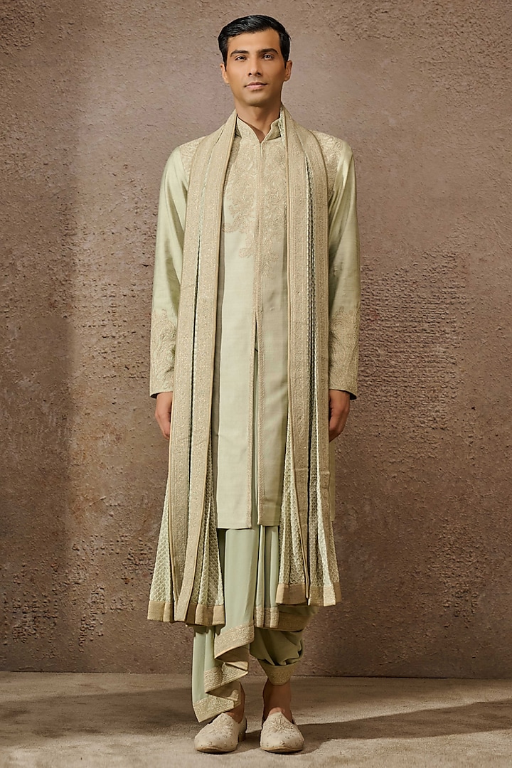 Jade Tussar Slub & Double Georgette Paisley Embroidered Kurta Set by Tarun Tahiliani Men