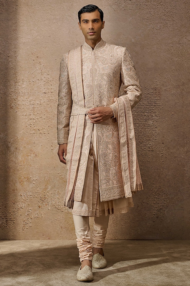 Salmon Silk Dupion & Textured Fabric Aari Embroidered Sherwani Set by Tarun Tahiliani Men