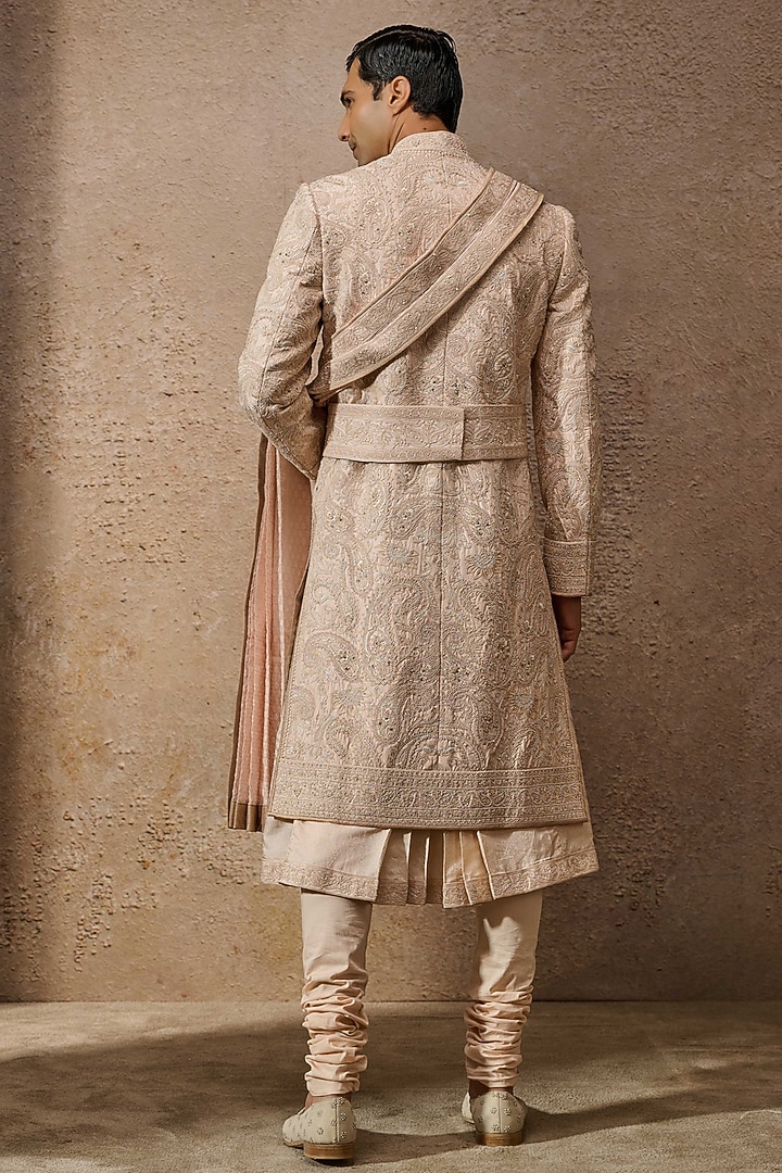 Salmon Silk Dupion & Textured Fabric Aari Embroidered Groom Sherwani Set by Tarun Tahiliani Men at Pernia's Pop Up Shop