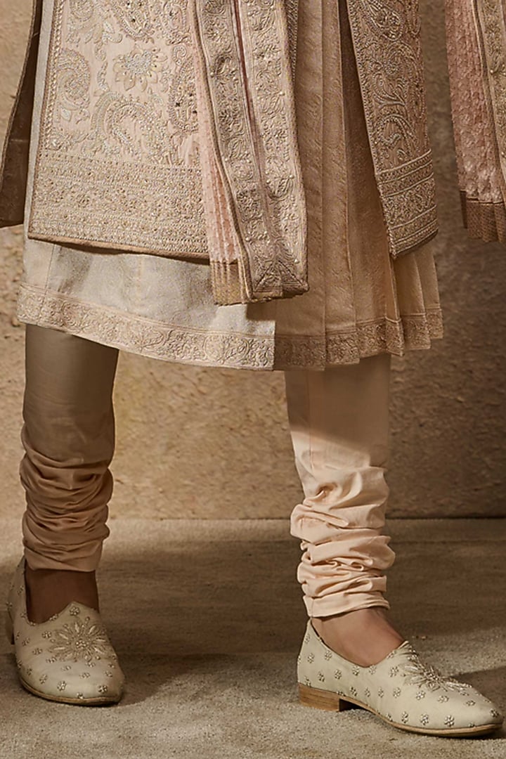 Salmon Silk Dupion & Textured Fabric Aari Embroidered Groom Sherwani Set by Tarun Tahiliani Men at Pernia's Pop Up Shop
