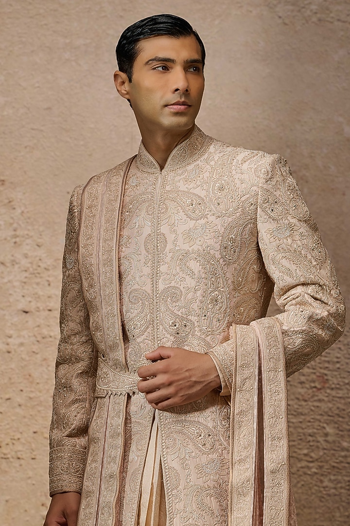 Salmon Silk Dupion & Textured Fabric Aari Embroidered Groom Sherwani Set by Tarun Tahiliani Men at Pernia's Pop Up Shop
