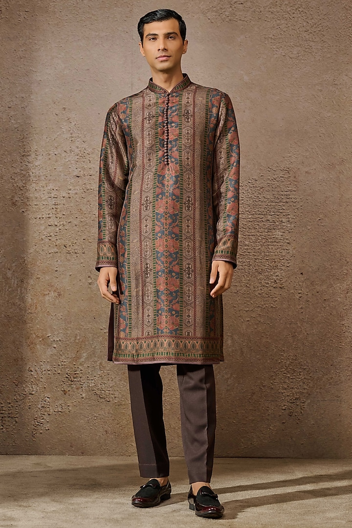 Multi-Colored & Brown Silk Dupion Stripe Printed Kurta by Tarun Tahiliani Men at Pernia's Pop Up Shop