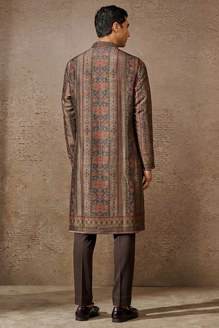 Multi-Colored & Brown Silk Dupion Stripe Printed Kurta by Tarun Tahiliani Men at Pernia's Pop Up Shop