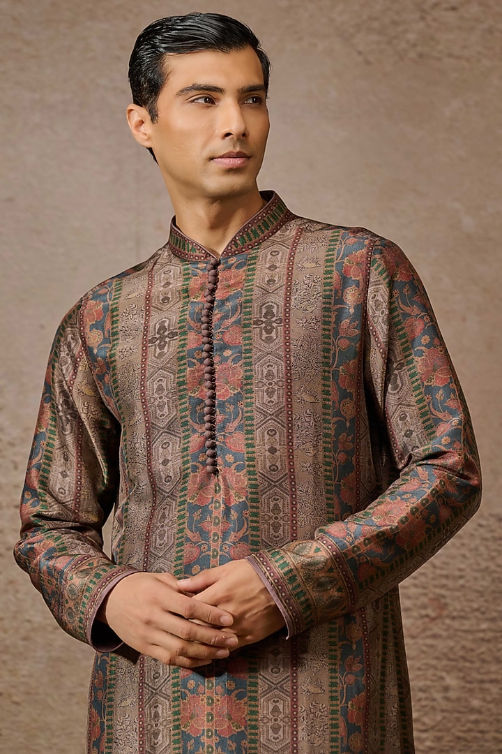 Multi-Colored & Brown Silk Dupion Stripe Printed Kurta by Tarun Tahiliani Men at Pernia's Pop Up Shop