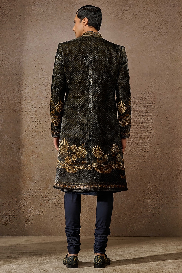 Brown Silk Velvet Pichwai Printed Groom Sherwani Set by Tarun Tahiliani Men at Pernia's Pop Up Shop