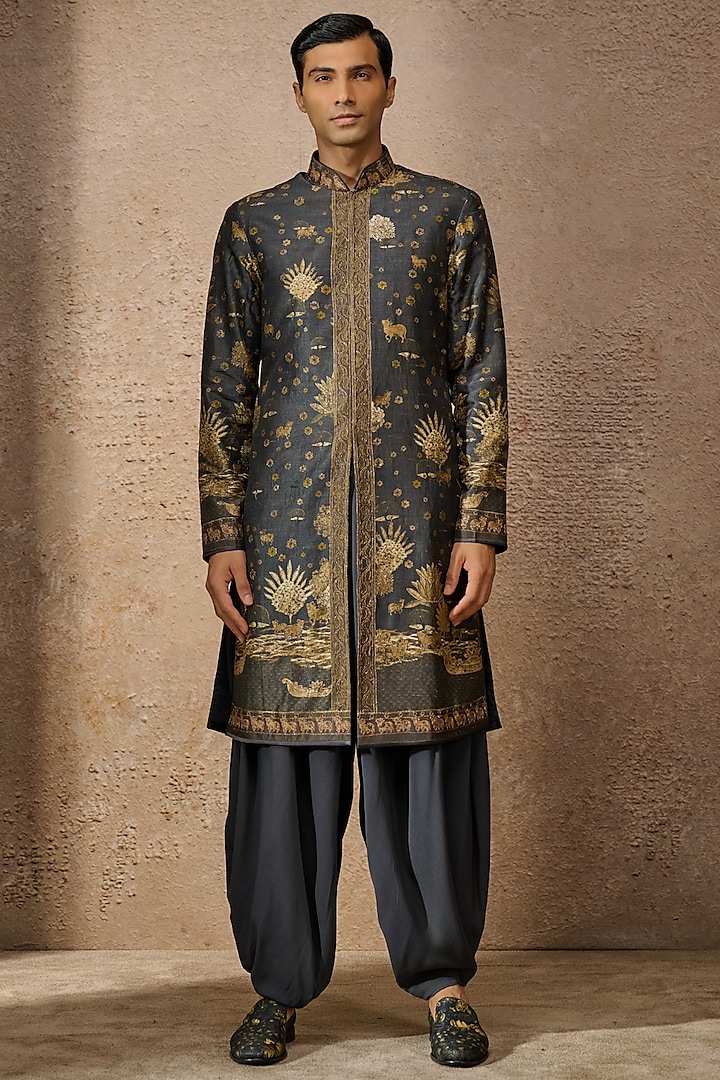 Brown Silk Dupion & Katan Pichwai Printed Groom Sherwani Set by Tarun Tahiliani Men at Pernia's Pop Up Shop