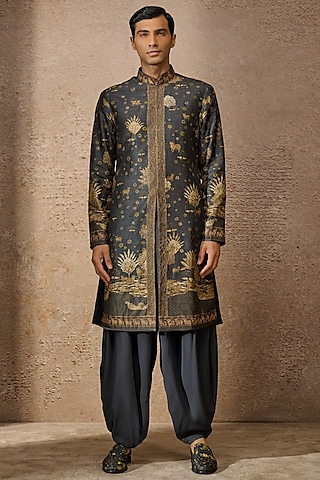 Brown Silk Dupion & Katan Pichwai Printed Sherwani Set by Tarun Tahiliani Men