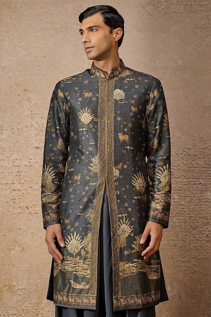 Brown Silk Dupion & Katan Pichwai Printed Groom Sherwani Set by Tarun Tahiliani Men at Pernia's Pop Up Shop