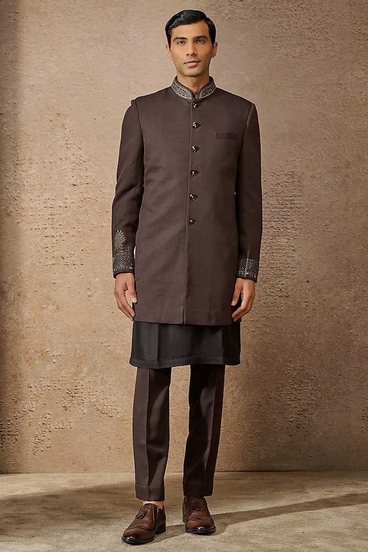 Brown Wool Crepe Aari Embroidered Bandhgala Set by Tarun Tahiliani Men