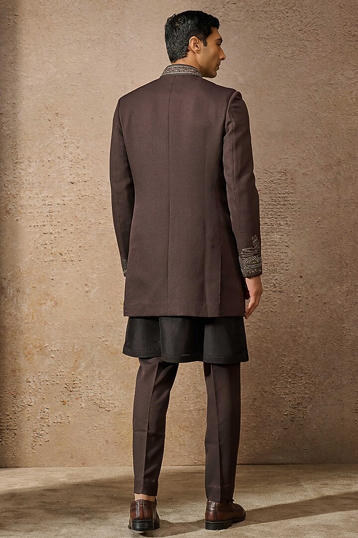 Brown Wool Crepe Aari Embroidered Groom Bandhgala Set by Tarun Tahiliani Men at Pernia's Pop Up Shop