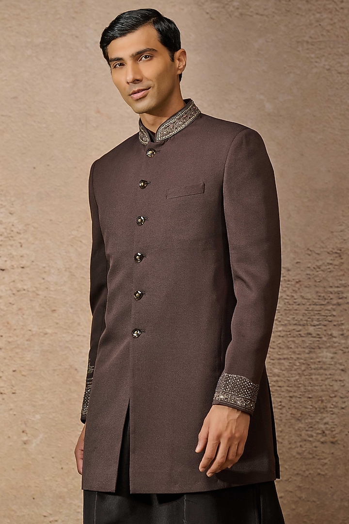 Brown Wool Crepe Aari Embroidered Groom Bandhgala Set by Tarun Tahiliani Men at Pernia's Pop Up Shop