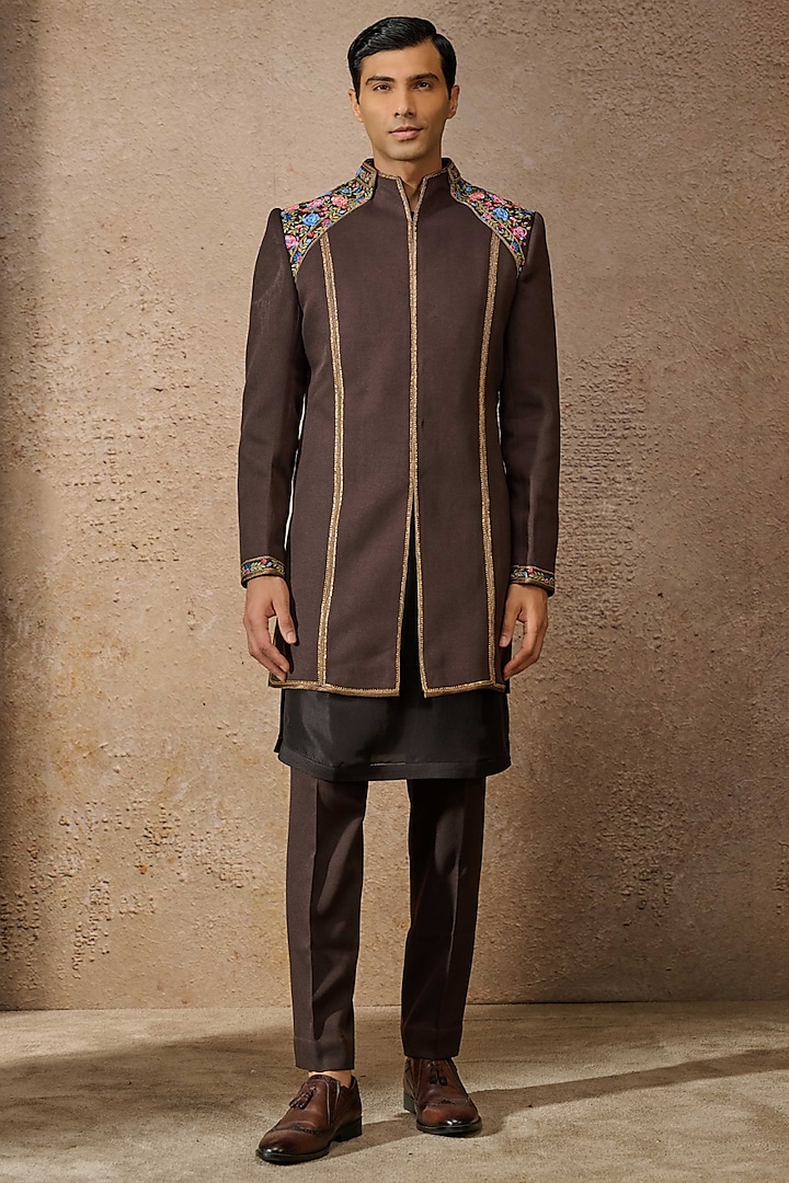 Brown Wool Crepe Hand Embroidered Short Sherwani Set by Tarun Tahiliani Men