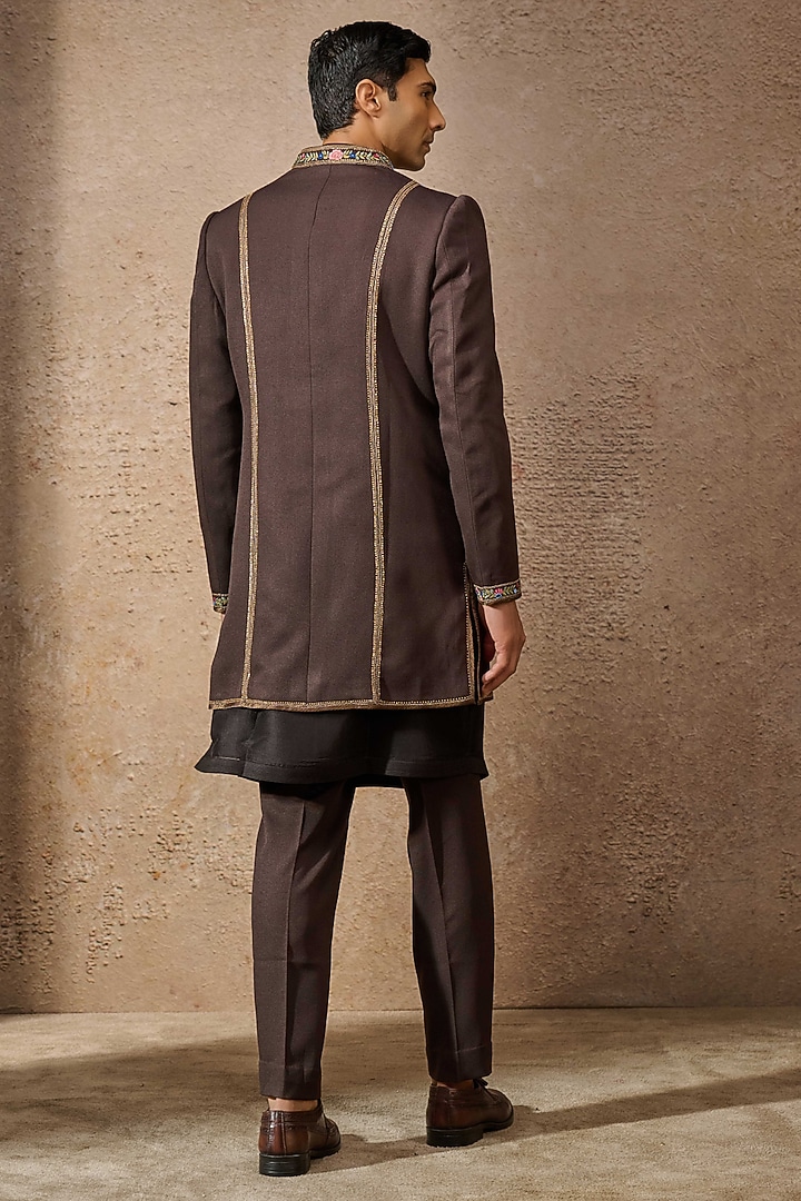 Brown Wool Crepe Hand Embroidered Short Groom Sherwani Set by Tarun Tahiliani Men at Pernia's Pop Up Shop