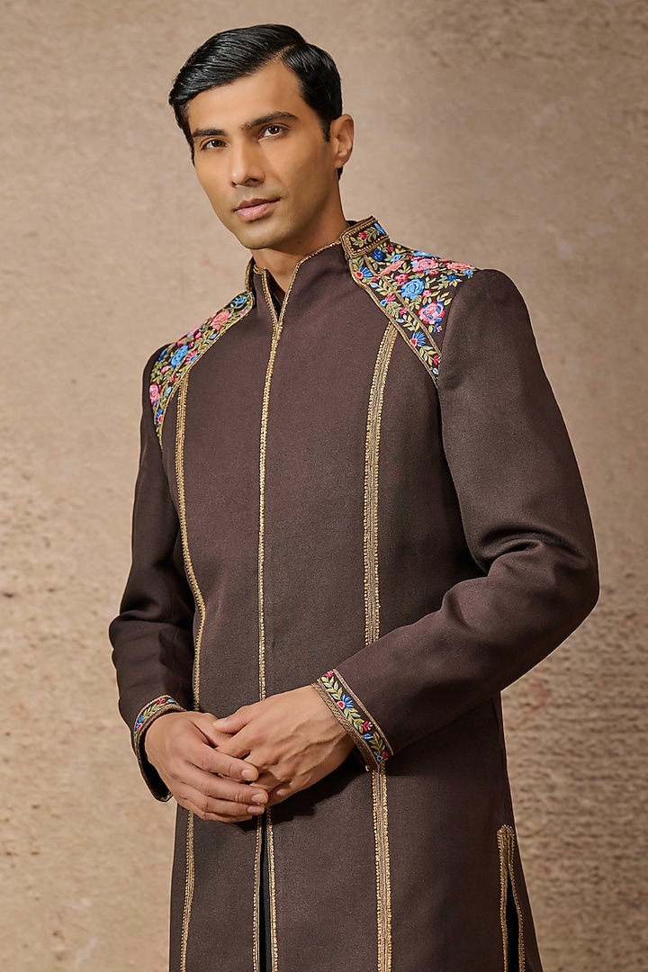 Brown Wool Crepe Hand Embroidered Short Groom Sherwani Set by Tarun Tahiliani Men at Pernia's Pop Up Shop