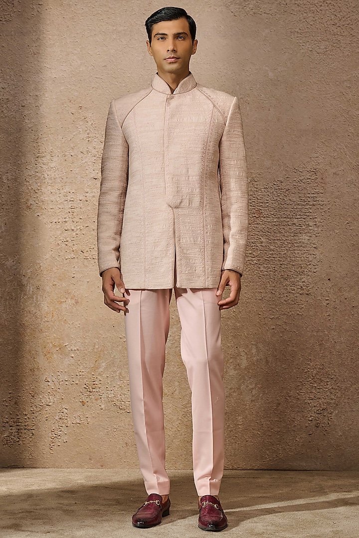 Salmon Textured Fabric Embroidered Bandhgala Set by Tarun Tahiliani Men