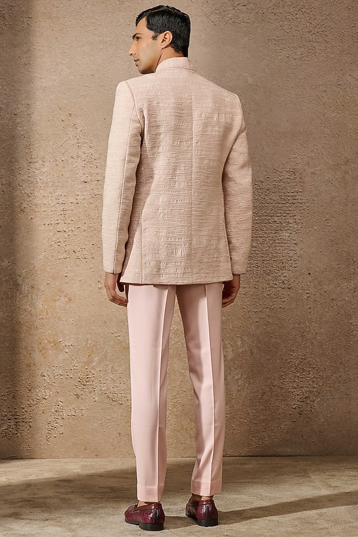Salmon Textured Fabric Embroidered Wedding Bandhgala Set by Tarun Tahiliani Men at Pernia's Pop Up Shop