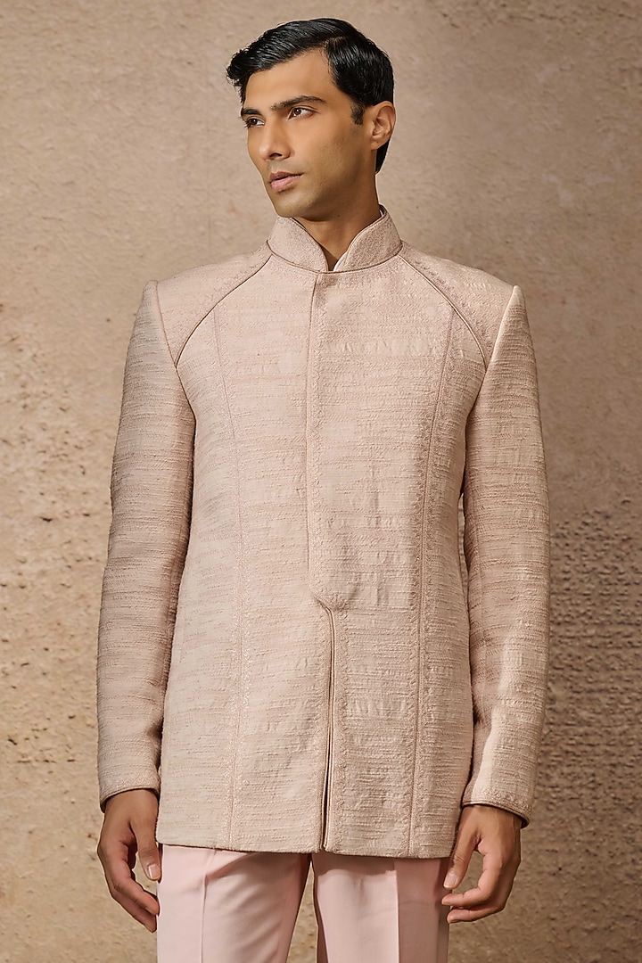 Salmon Textured Fabric Embroidered Wedding Bandhgala Set by Tarun Tahiliani Men at Pernia's Pop Up Shop