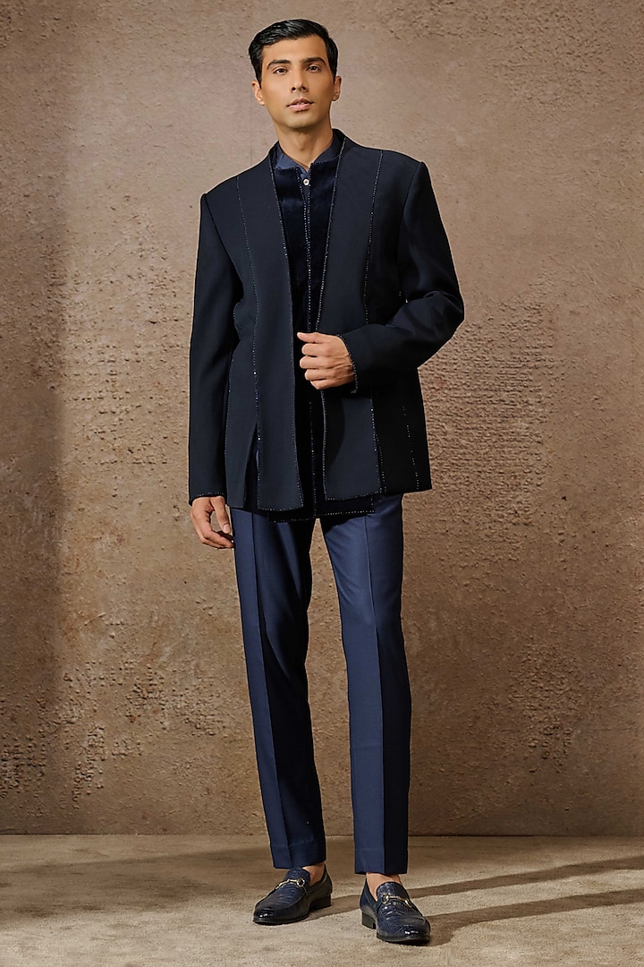 Navy Blue Japanese Crepe Bandhgala Set by Tarun Tahiliani Men