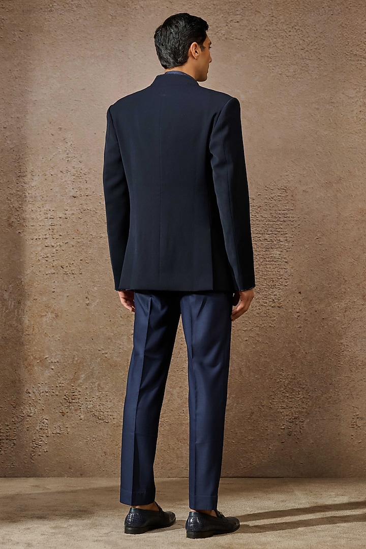 Navy Blue Japanese Crepe Groom Bandhgala Set by Tarun Tahiliani Men at Pernia's Pop Up Shop
