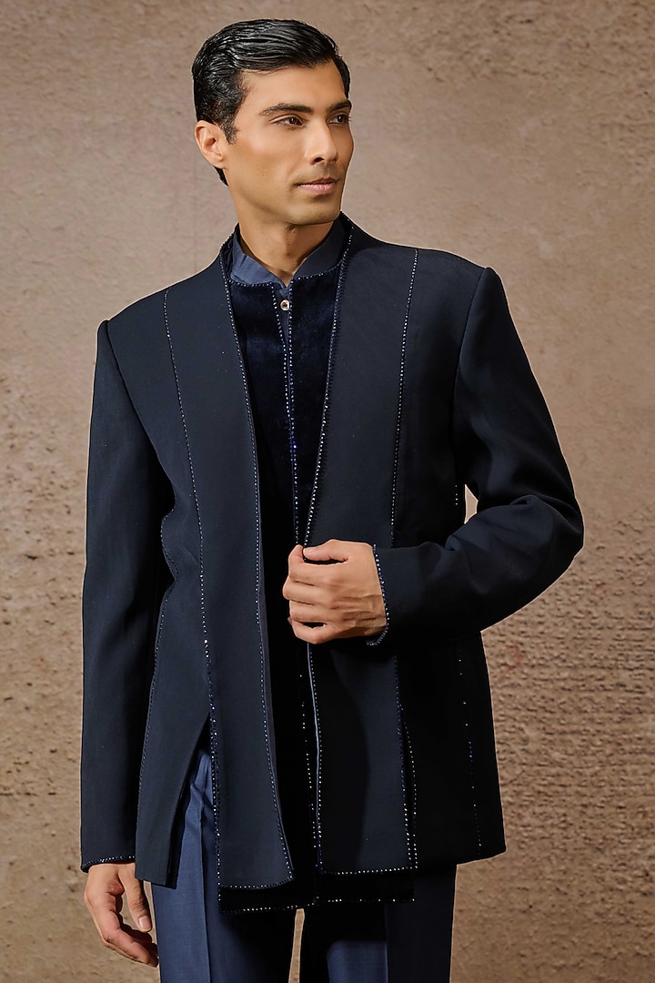 Navy Blue Japanese Crepe Groom Bandhgala Set by Tarun Tahiliani Men at Pernia's Pop Up Shop