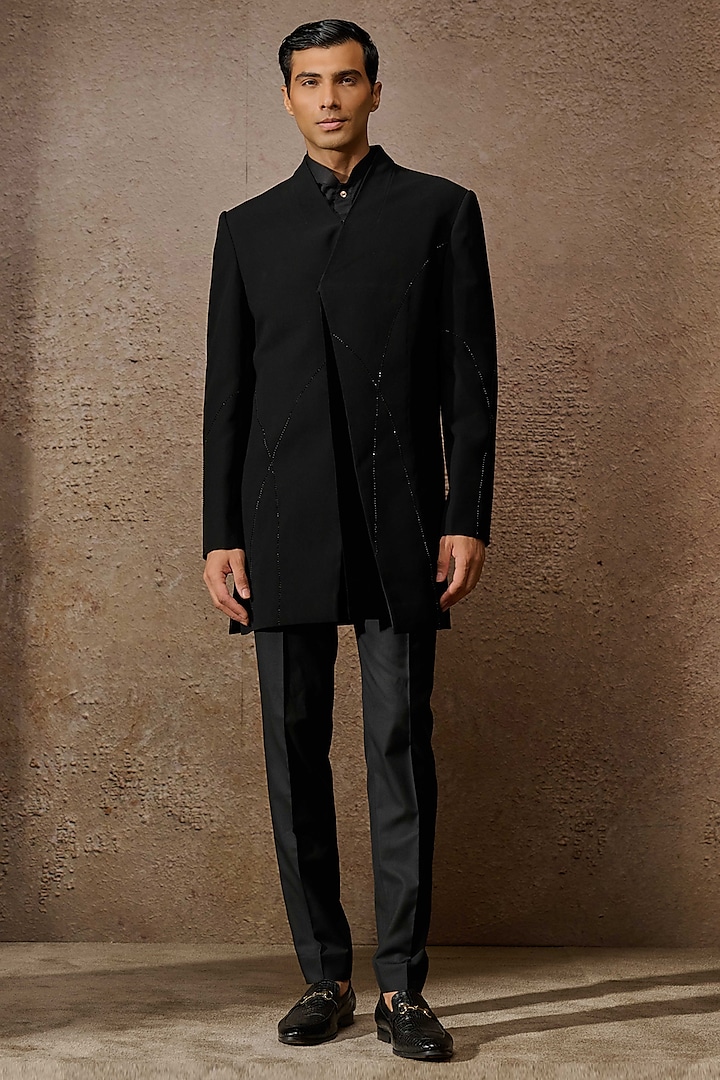 Black Japanese Crepe & Cotton Velvet Groom Sherwani Set by Tarun Tahiliani Men at Pernia's Pop Up Shop