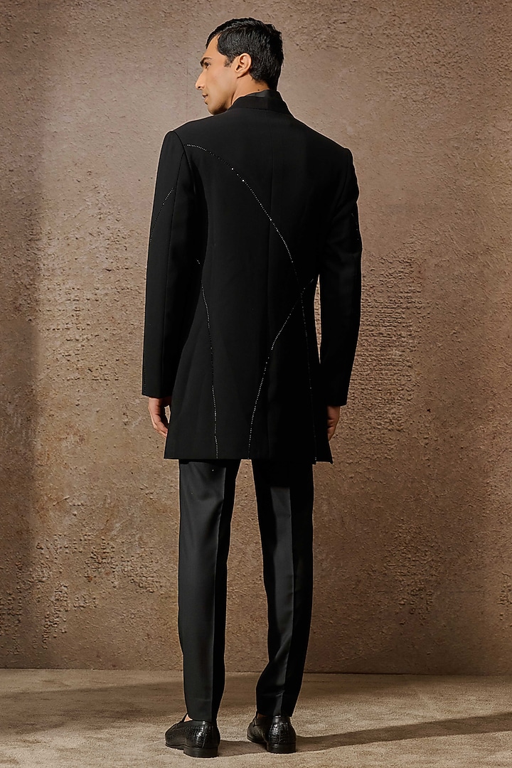Black Japanese Crepe & Cotton Velvet Groom Sherwani Set by Tarun Tahiliani Men at Pernia's Pop Up Shop