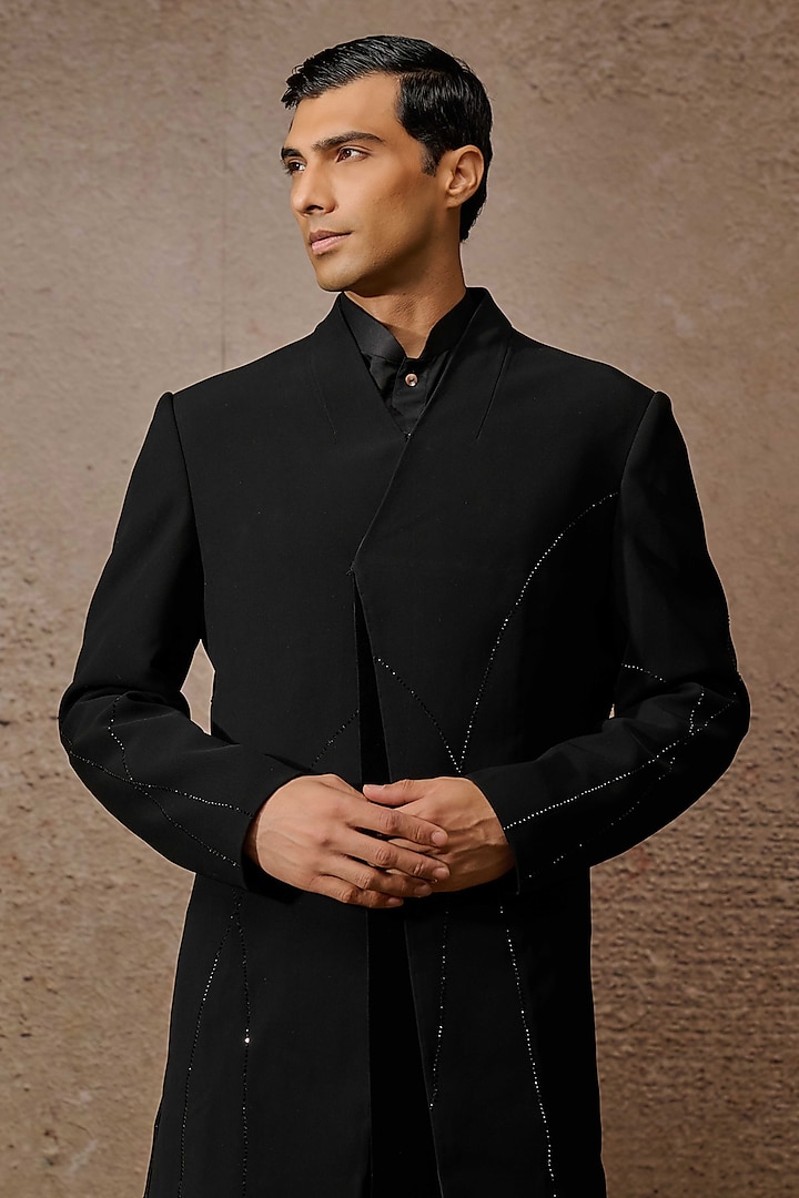 Black Japanese Crepe & Cotton Velvet Groom Sherwani Set by Tarun Tahiliani Men at Pernia's Pop Up Shop