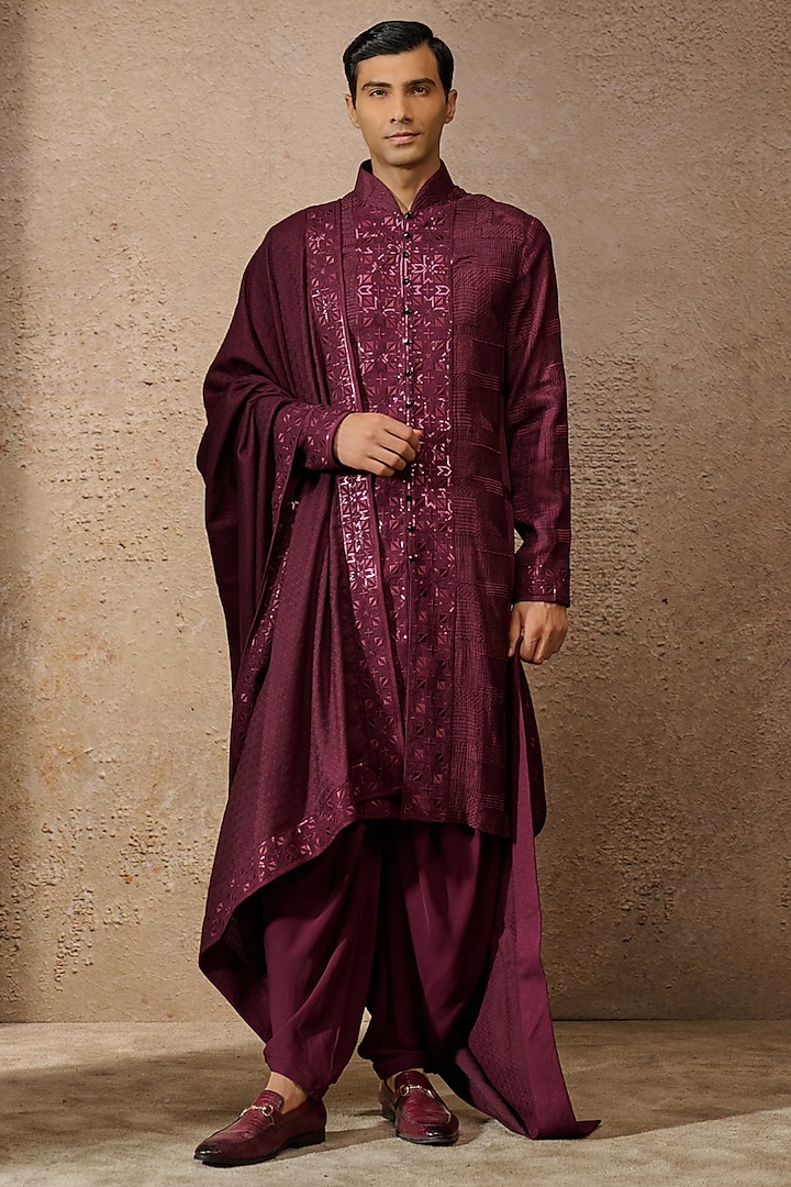 Wine Silk Double Georgette Sequins Embroidered Kurta Set by Tarun Tahiliani Men at Pernia's Pop Up Shop